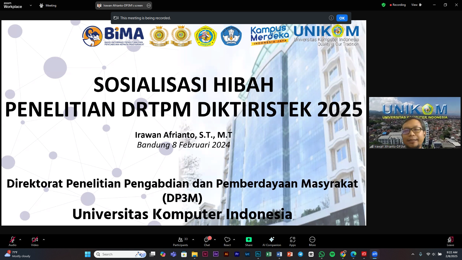 Direktorat Penelitian, Pengabdian Dan Pemberdayaan (DP3M) Unikom Lakukan Sosialisasi Persiapan Pengajuan Hibah Penelitian Direktorat Riset, Teknologi, Dan Pengabdian Kepada Masyarakat (DRTPM) 2025