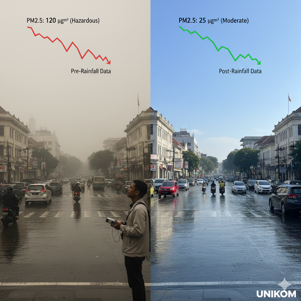 Pengaruh hujan terhadap polusi udara (yaitu, PM1, PM2.5, PM10, CO, dan CO2)