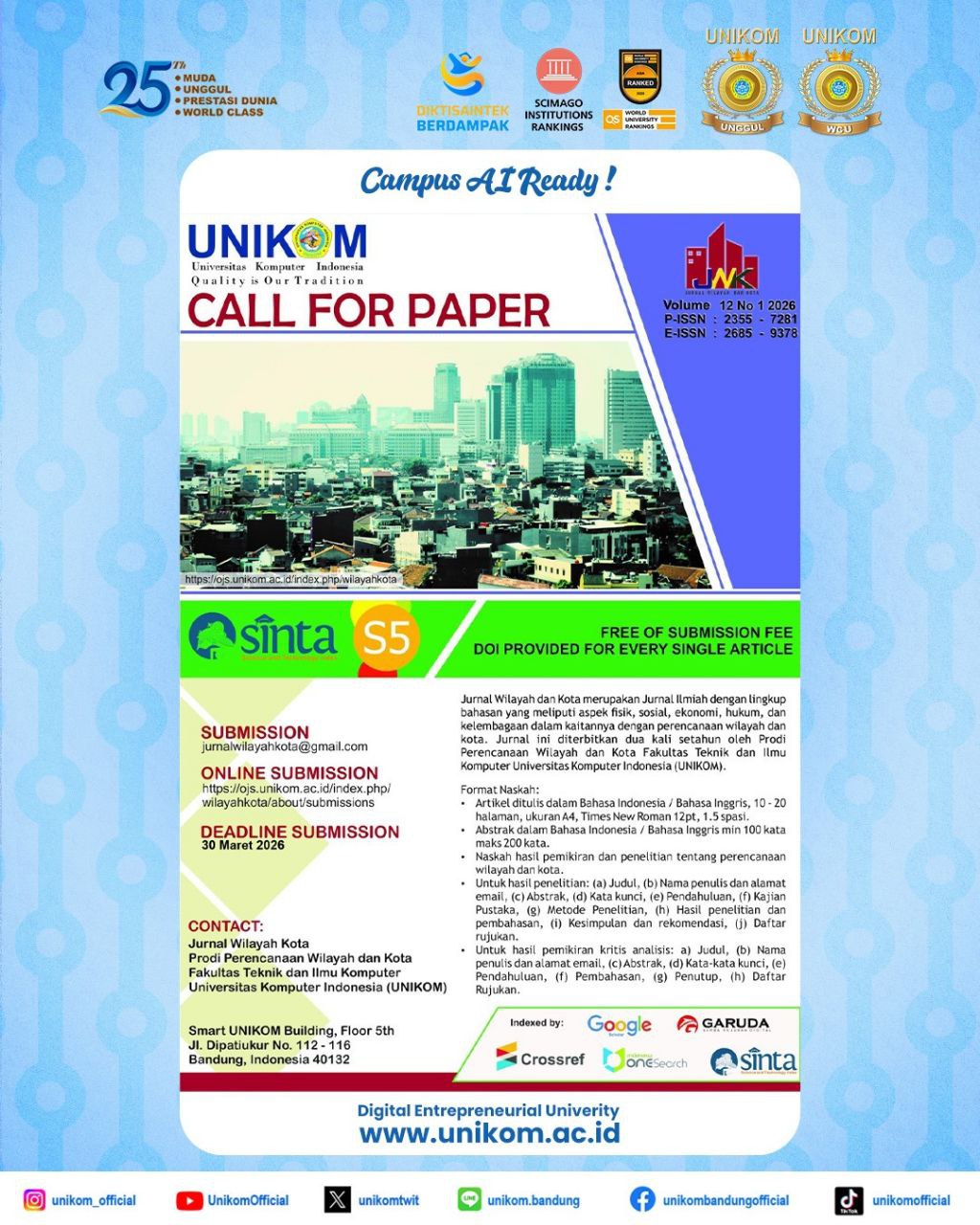 Call for Paper 2026 – Jurnal Wilayah dan Kota