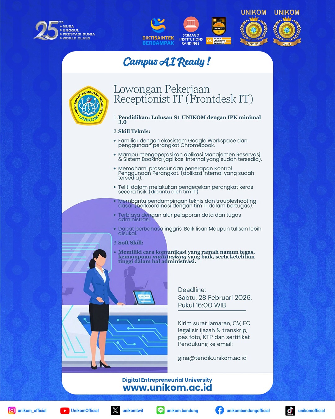 Lowongan Pekerjaan Receptionist IT (Frontdesk IT) UNIKOM