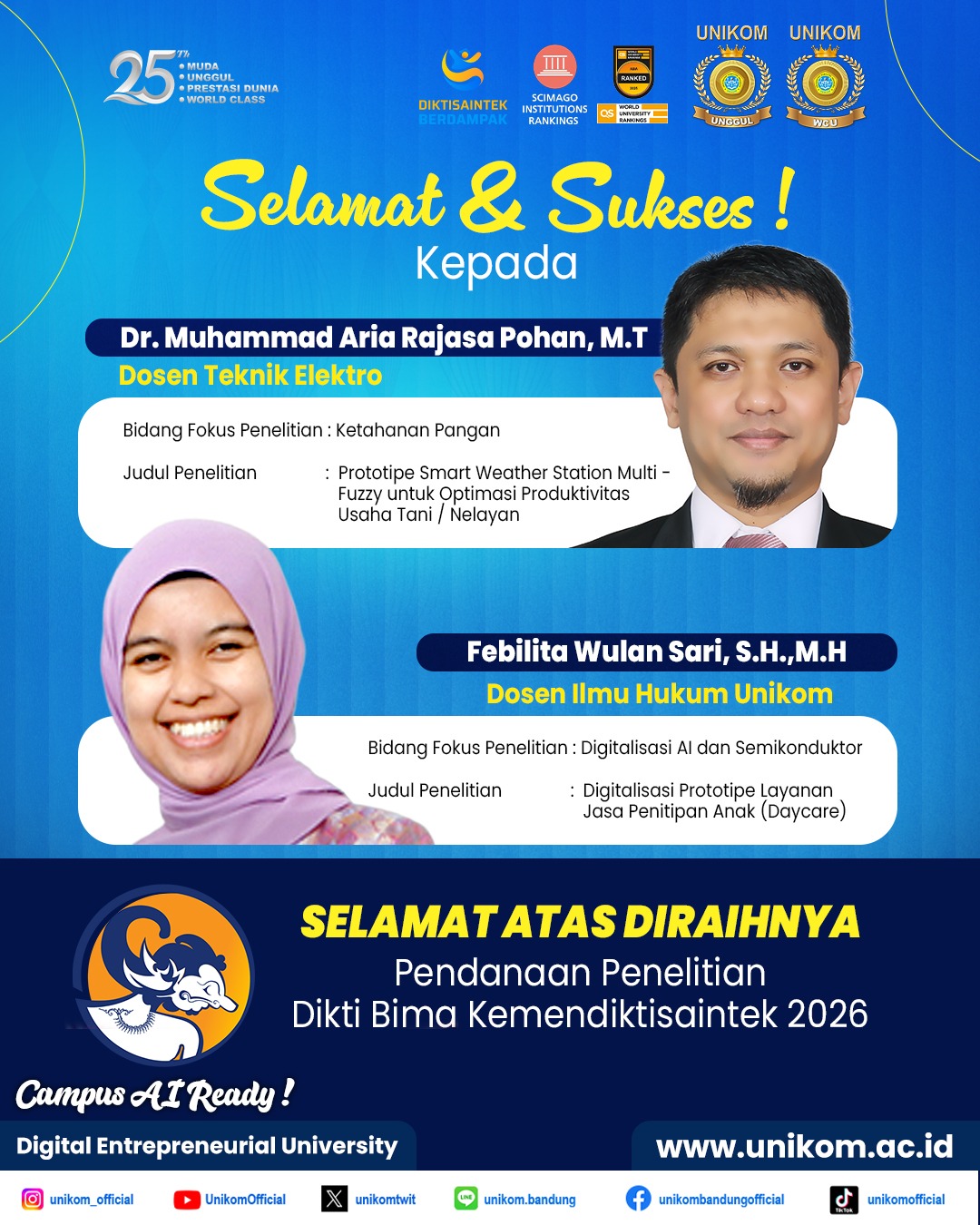 Selamat & Sukses! Dua Dosen UNIKOM Raih Pendanaan Penelitian Prototipe BIMA Kemendiktisaintek 2026