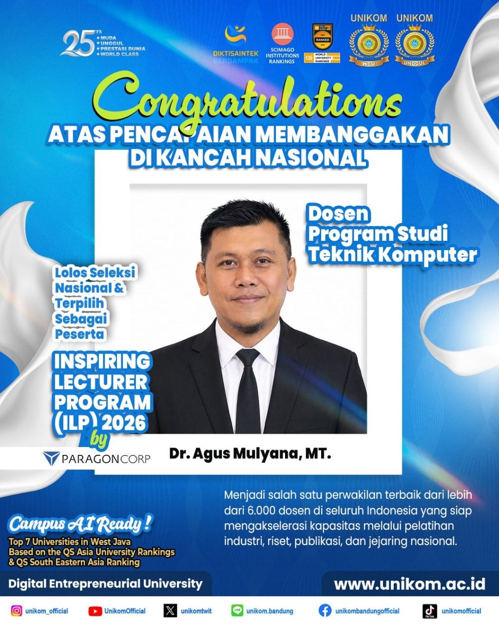 Selamat & Sukses kepada Dr. Agus Mulyana, MT. Berhasil Lolos Inspiring Lecturer Program(ILP) 2026