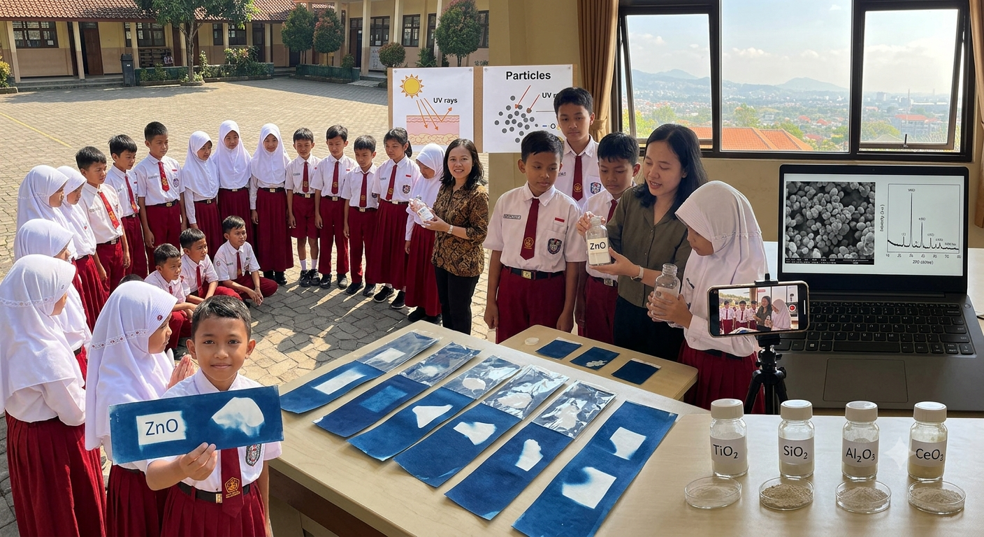 Mengajarkan Prinsip Bahan Tabir Surya Menggunakan ZnO, TiO₂, SiO₂, Al₂O₃, dan CeO₂ kepada Siswa Sekolah Dasar