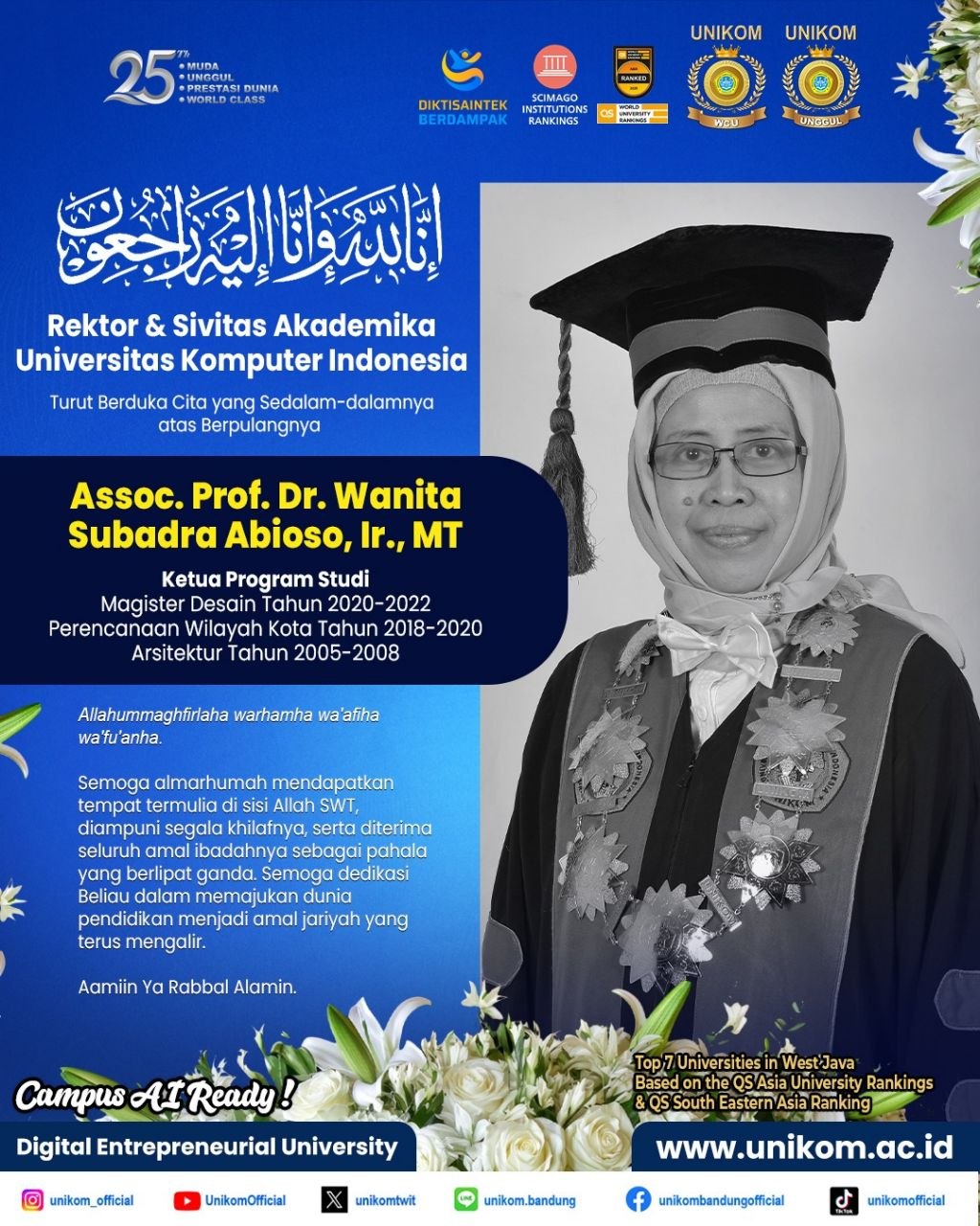 UNIKOM BERDUKA: Turut Berduka Cita atas Berpulangnya Assoc. Prof. Dr. Wanita Subadra Abioso, Ir., M.T.