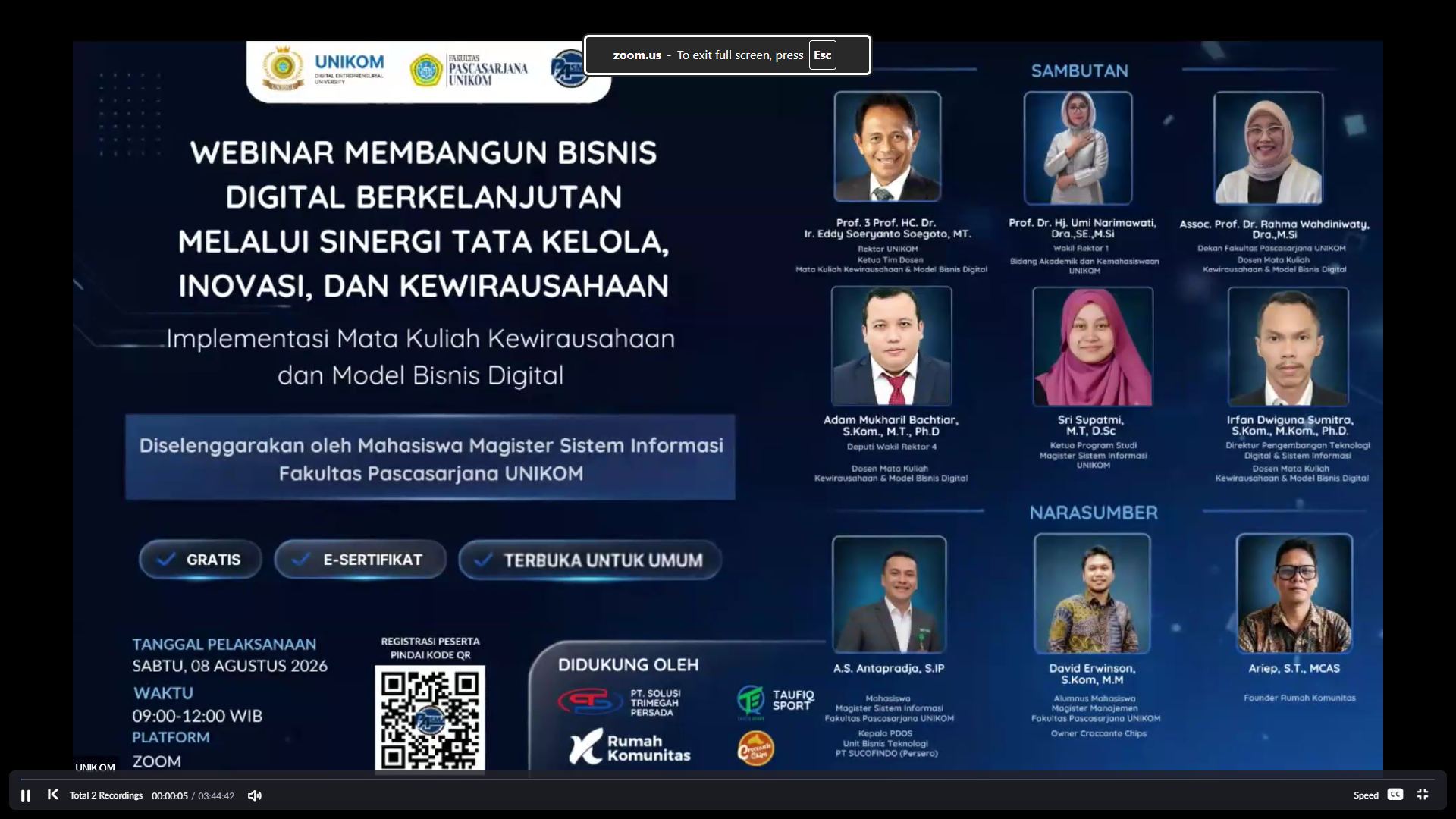 Webinar Prodi Magister Sistem Informasi Fakultas Pascasarjana UNIKOM: Dorong Bisnis Digital Berkelanjutan melalui Sinergi Tata Kelola, Inovasi, dan Kewirausahaan